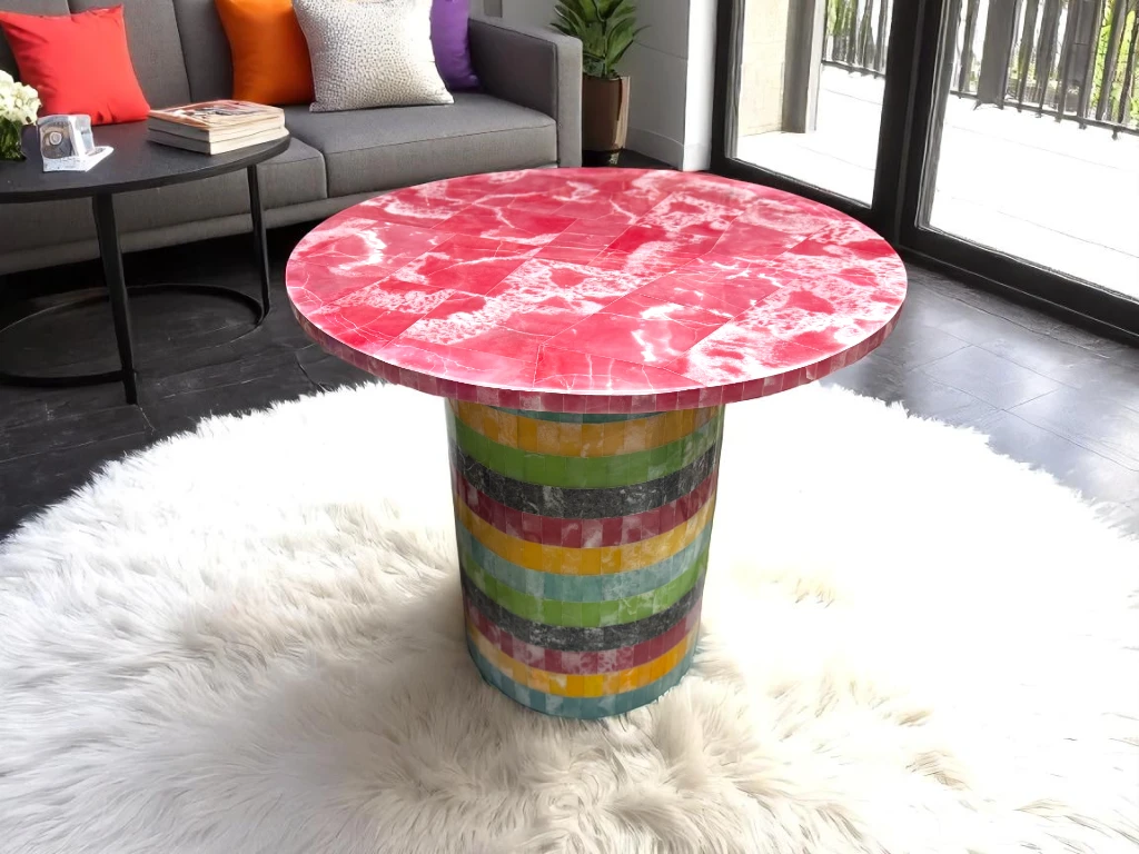 Alaska Pink Onyx Round Coffee Table – Luxury Stone Centerpiece Decor